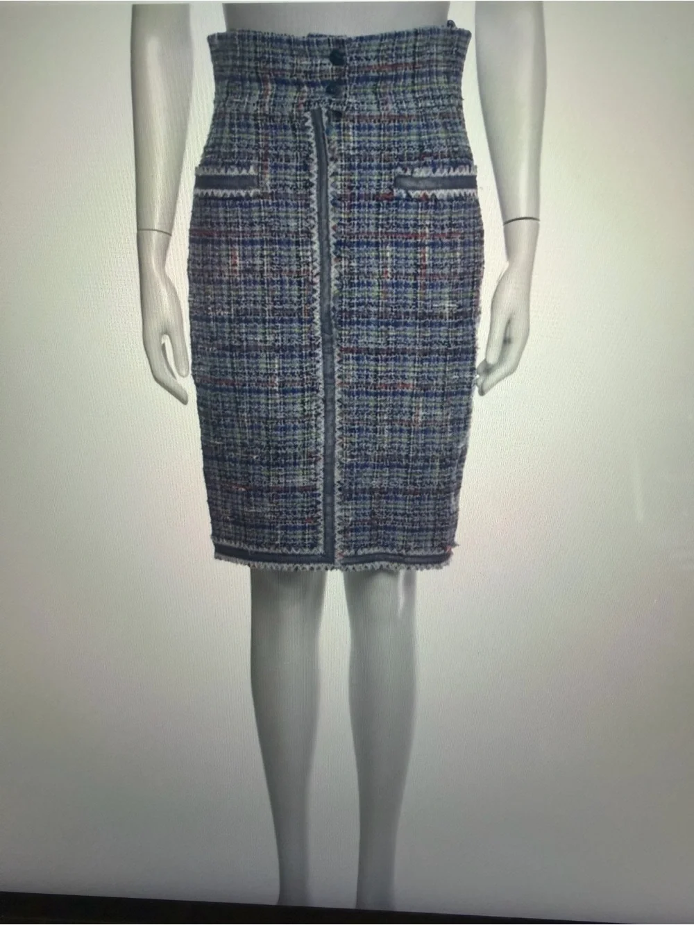 CHANEL Blue Multicolor Tweed Pencil Skirt with Fringed Trim